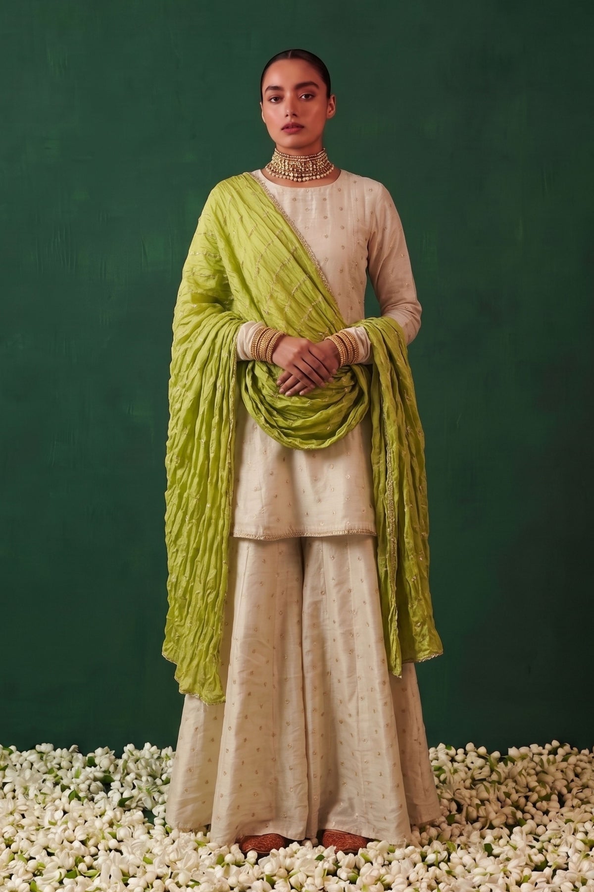 Heer Zari Embroidered Short Anarkali Kalidaar Palazzo Set With Tissue Dupatta