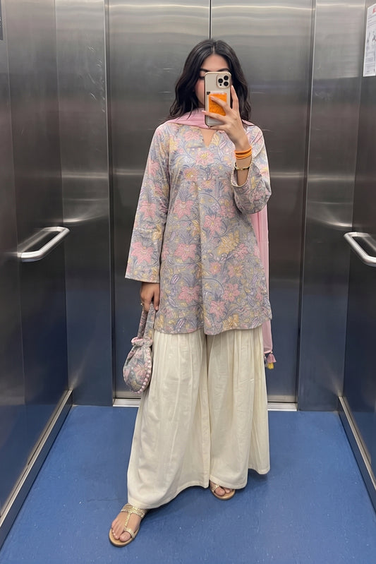 Pure Cotton Block Printed Gharara Set - Grey