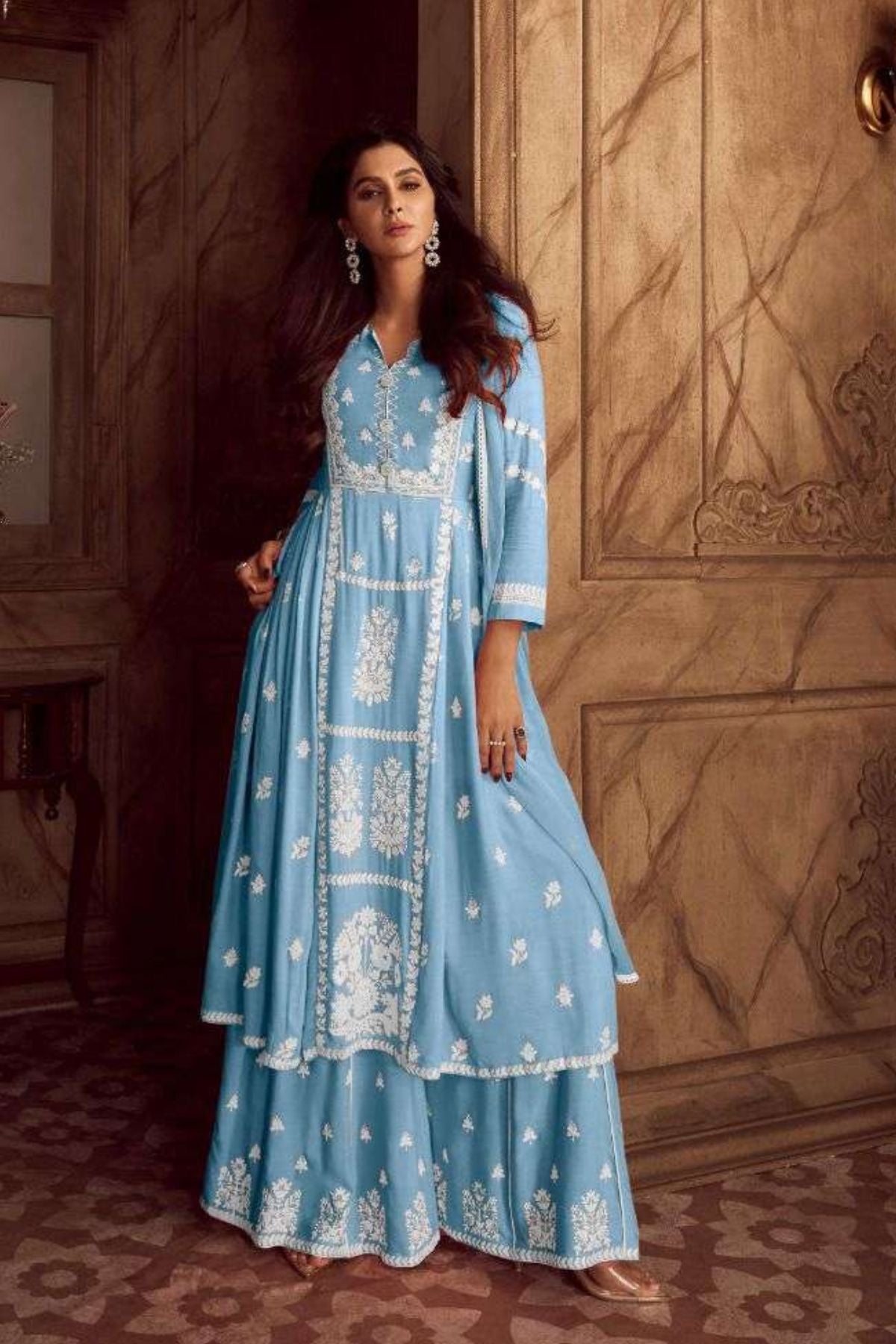 Rayon Blue Lucknowi Kurta Set With Dupatta