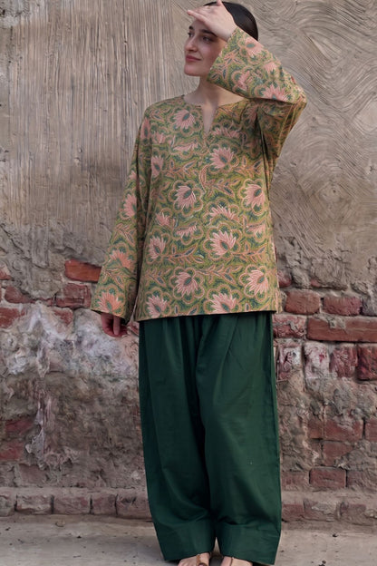 Cotton block print kurta with farshi salwar - Green