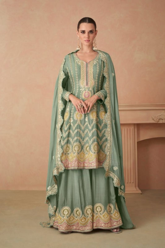 Chinon Silk Green Anarkali Kurta Set With Sharara