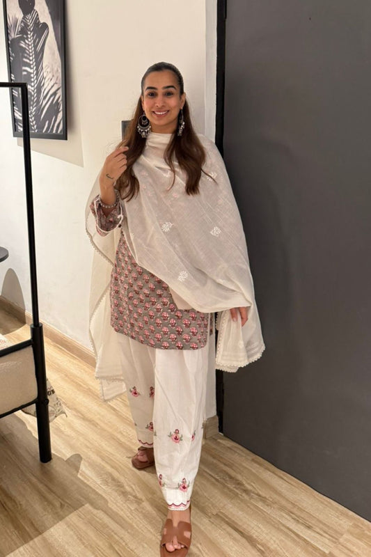 Cotton Block Printed Straight Kurta with Embroidered Farshi Salwar Set-Customisable
