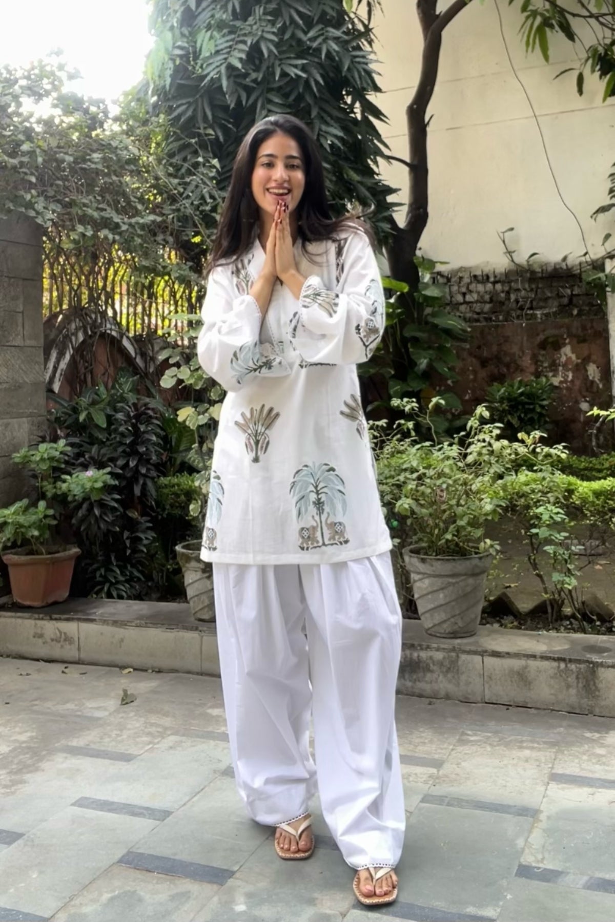 Cotton Palm Tree Block Printed Straight Kurta Farshi Salwar Set-White