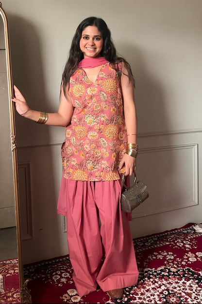Cotton Block Printed Straight Kurta Salwar Set-Peach