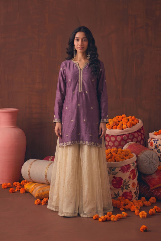 Noor Chinon Purple Kurta With Sequin Tissue Kalidar Palazzo