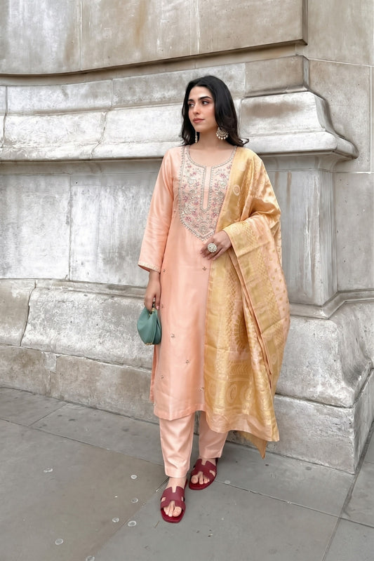 Peach Tissue Zardozi Straight Kurta Set With Banarasi Dupatta