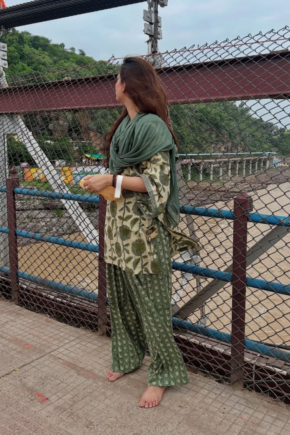 Cotton Block Printed Straight Kurta Farshi Salwar Set-Green