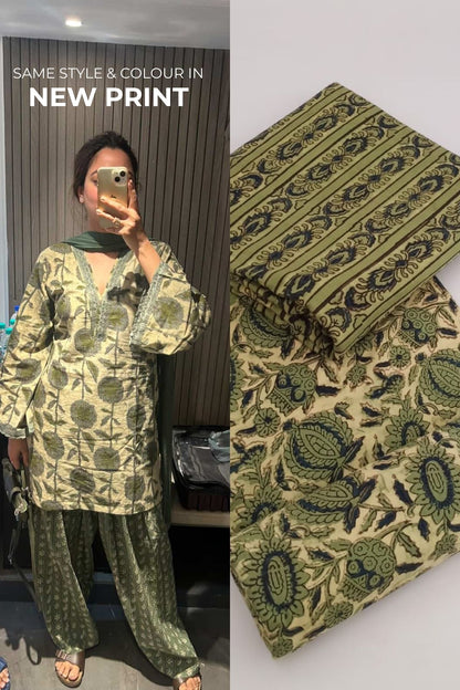 Cotton Block Printed Straight Kurta Farshi Salwar Set-Green