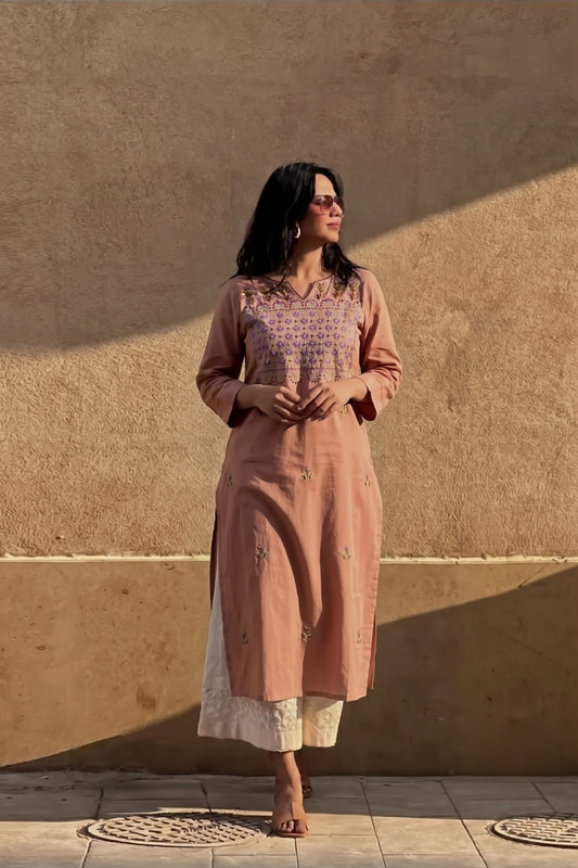 Peach Cotton Satin Hand Embroidered Kurta
