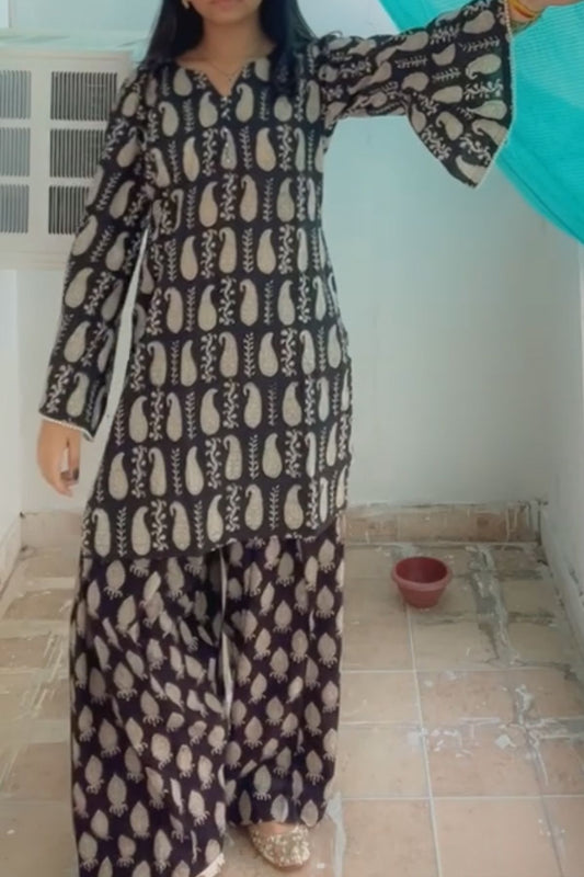Cotton Paisley Pearl Straight Kurta Farshi Salwar Set-Black
