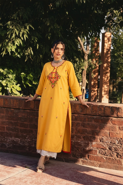 Yellow Silk Hand Embroidered Straight Kurta