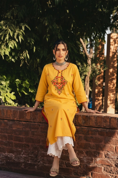 Yellow Silk Hand Embroidered Straight Kurta