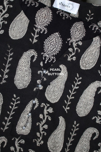 Cotton Paisley Pearl Straight Kurta Farshi Salwar Set-Black