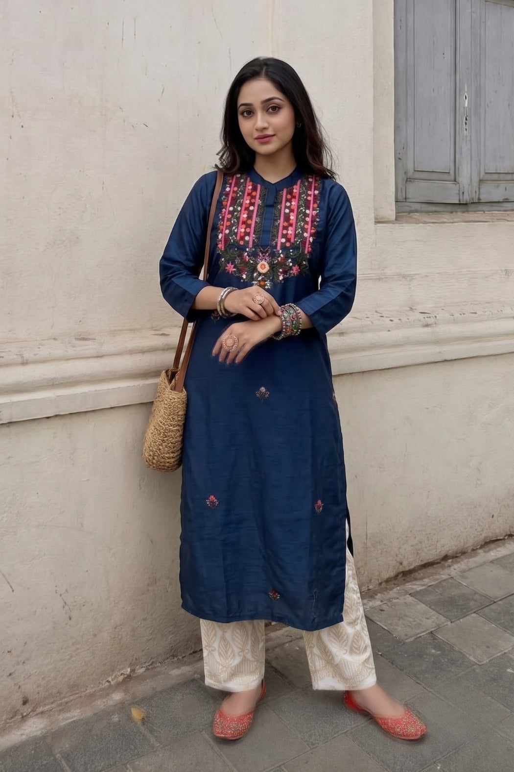Blue Silk Hand Embroidered Straight Kurta