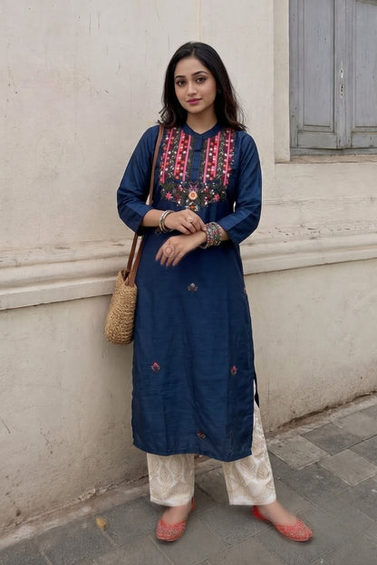 Blue Silk Hand Embroidered Straight Kurta