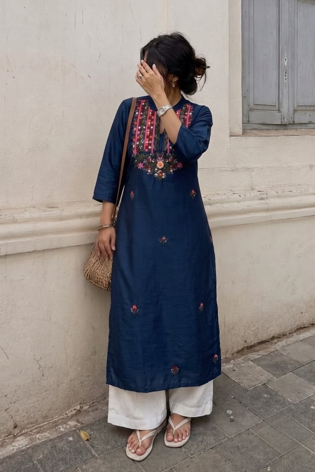 Blue Silk Hand Embroidered Straight Kurta