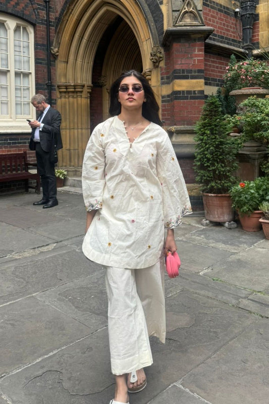 Cotton Floral Embroidered Straight Kurta With Straight Pant Set-White