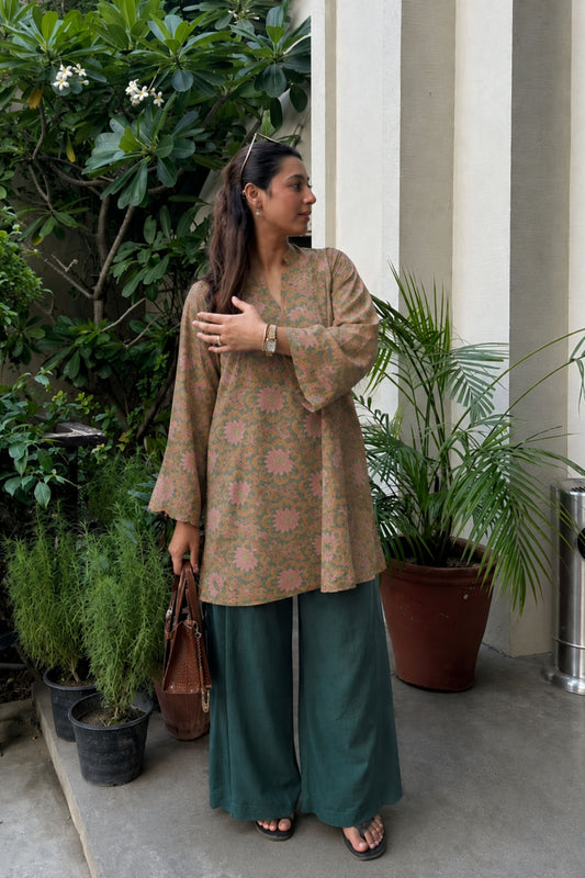 Cotton block print kurta with farshi salwar - Green