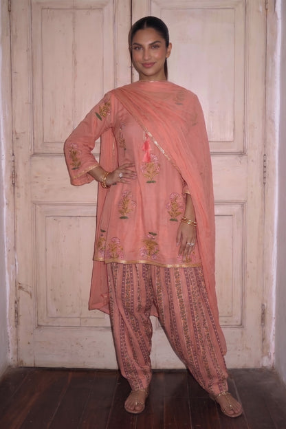 Peach Pink Cotton Mughal Printed A-Line Short Kurta With Salwar