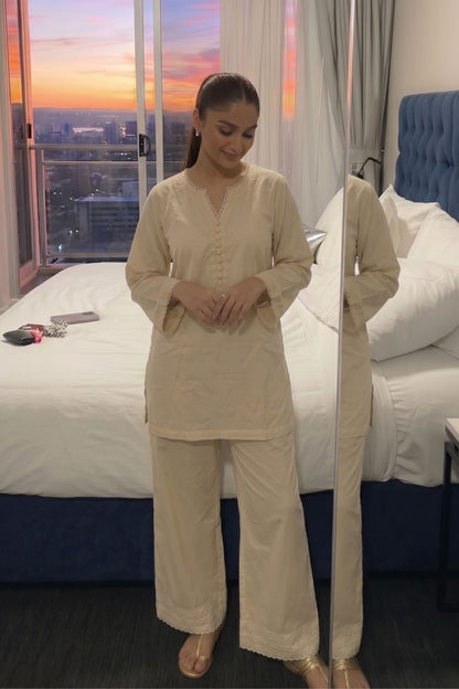 Solid Pure Cotton Short  Kurta With Straight Palazzo Pants Co-ord Set - Beige
