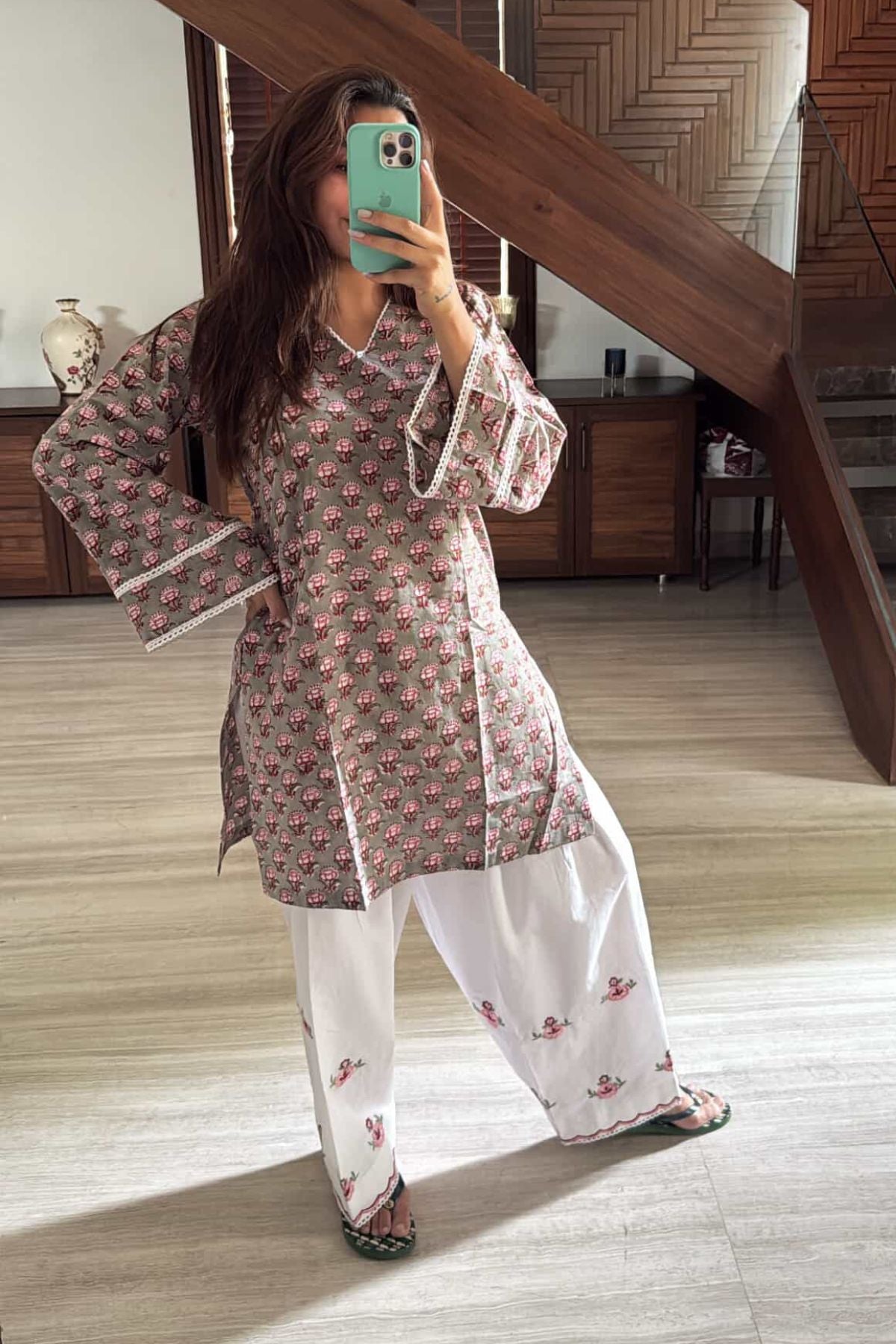 Cotton Block Printed Straight Kurta with Embroidered Farshi Salwar Set-Customisable