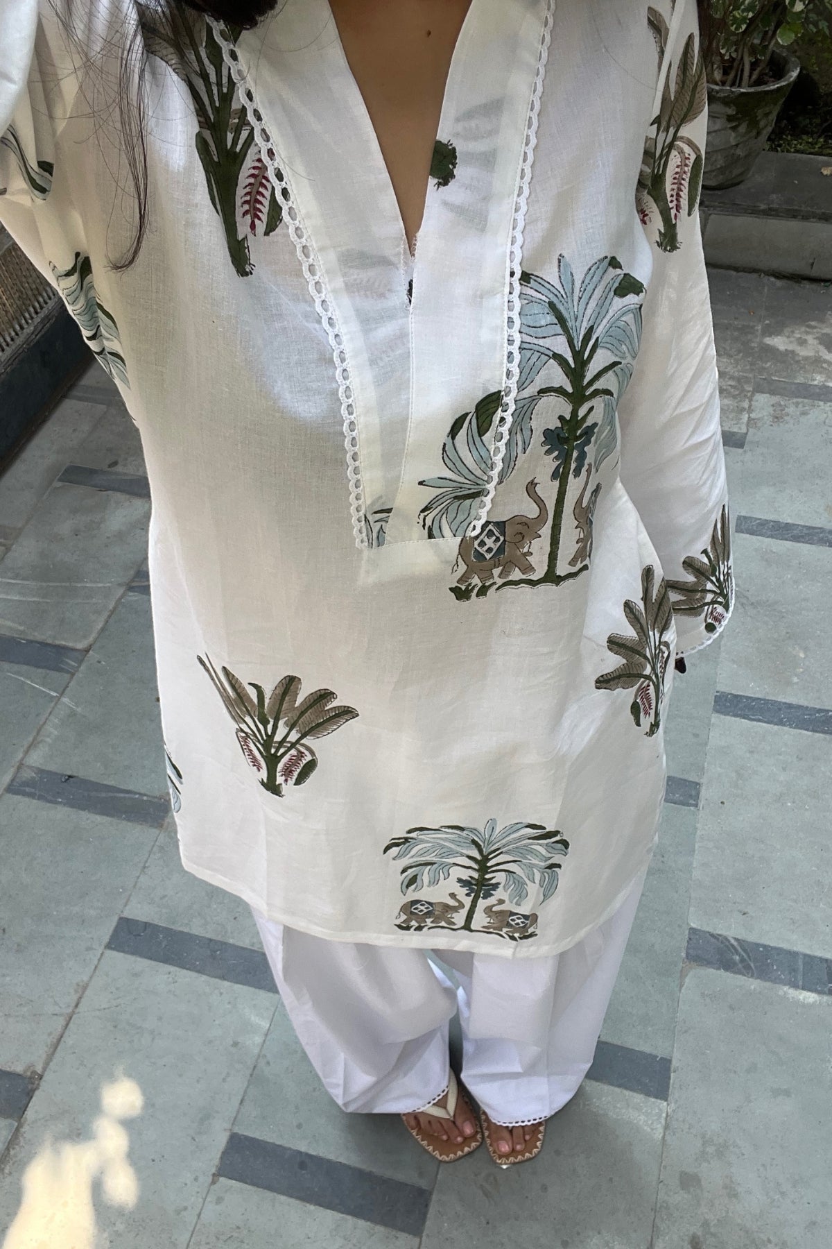 Cotton Palm Tree Block Printed Straight Kurta Farshi Salwar Set-White