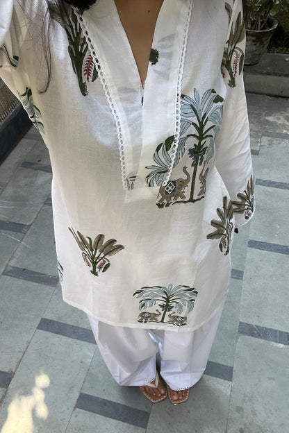 Cotton Palm Tree Block Printed Straight Kurta Farshi Salwar Set-White