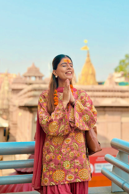 Cotton Block Printed Straight Kurta Salwar Set-Peach