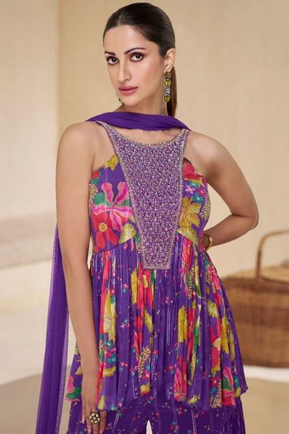 Embroidered Purple Kurta Set With Gharara