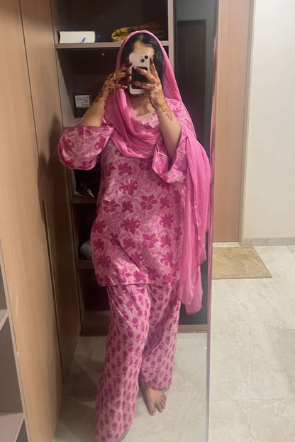Cotton Block Printed Straight Kurta Farshi Salwar Set-Pink