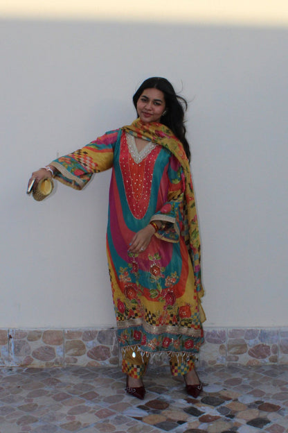 Pure Crepe Printed Pakistani Suit With Mirror Embellishments