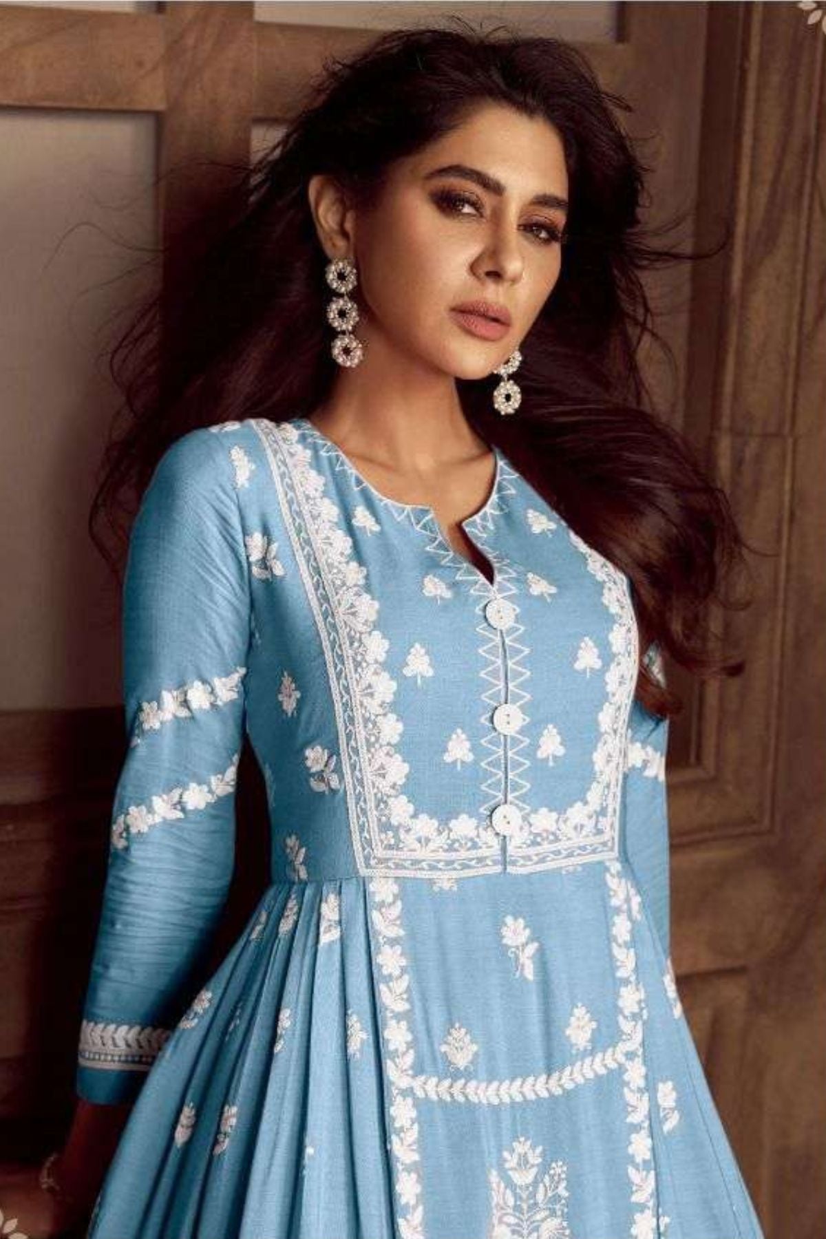 Rayon Blue Lucknowi Kurta Set With Dupatta