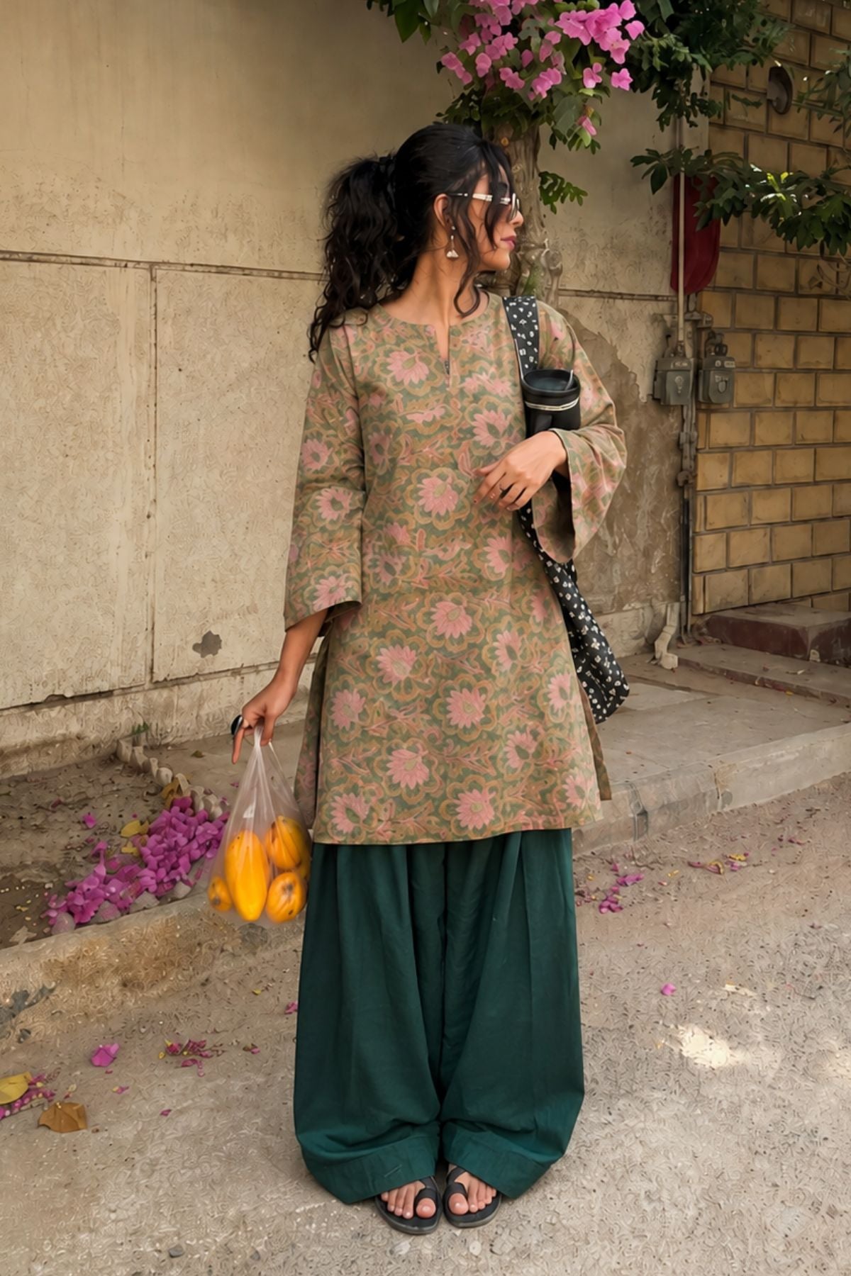 Cotton block print kurta with farshi salwar - Green