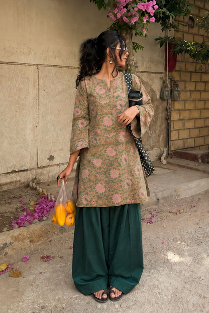 Cotton block print kurta with farshi salwar - Green