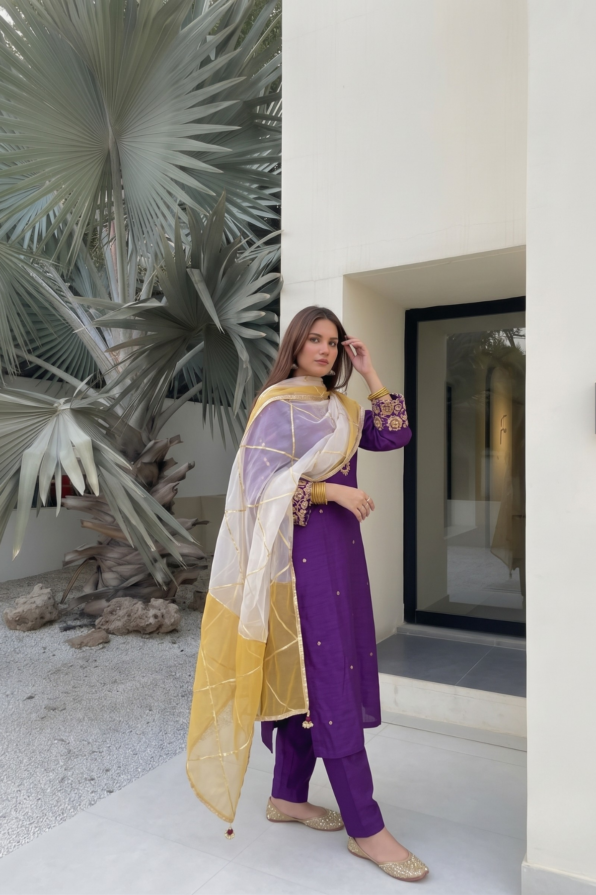 Purple Silk Zardozi Straight Kurta Set With Organza Dupatta