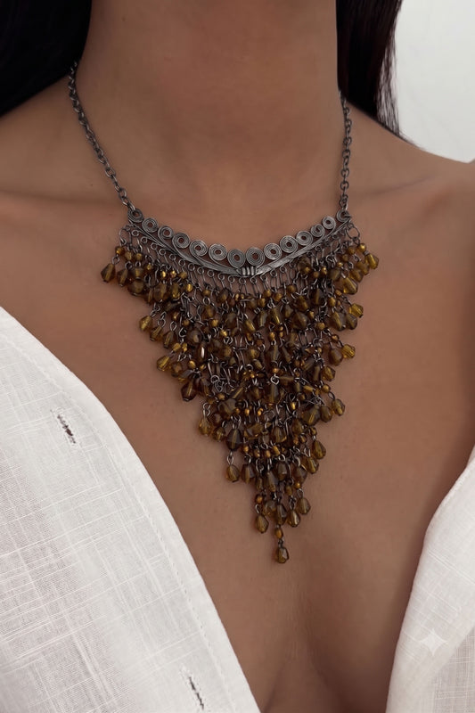 Artisan Wire-Wrapped Amber Fringe Statement Necklace