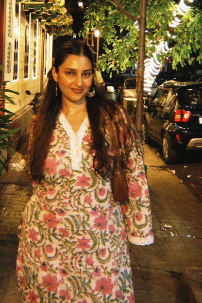 Cotton Block Printed Straight Kurta Farshi Salwar Set-White