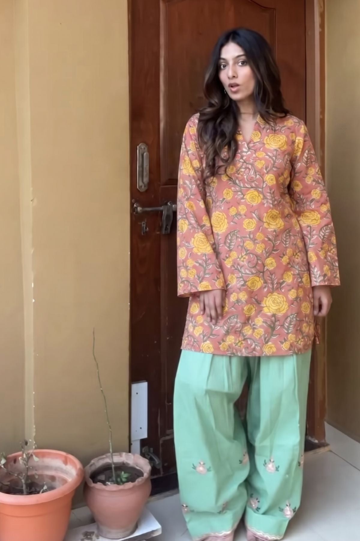 Cotton Block Printed Straight Kurta with Embroidered Farshi Salwar - Peach