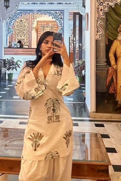 Cotton Palm Tree Block Printed Straight Kurta Farshi Salwar Set-White