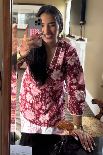 Cotton Block Printed Straight Kurta Farshi Salwar Set-Red