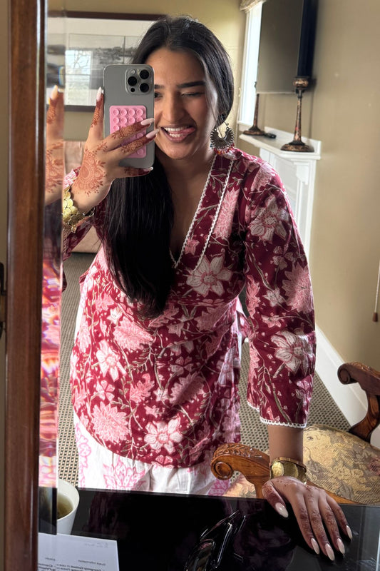 Cotton Block Printed Straight Kurta Farshi Salwar Set-Red