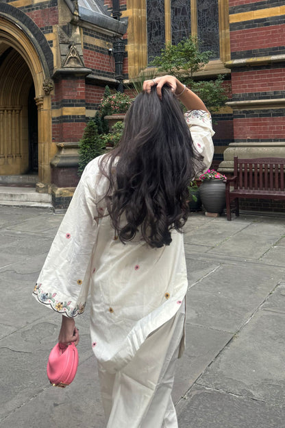 Cotton Floral Embroidered Straight Kurta With Straight Pant Set-White