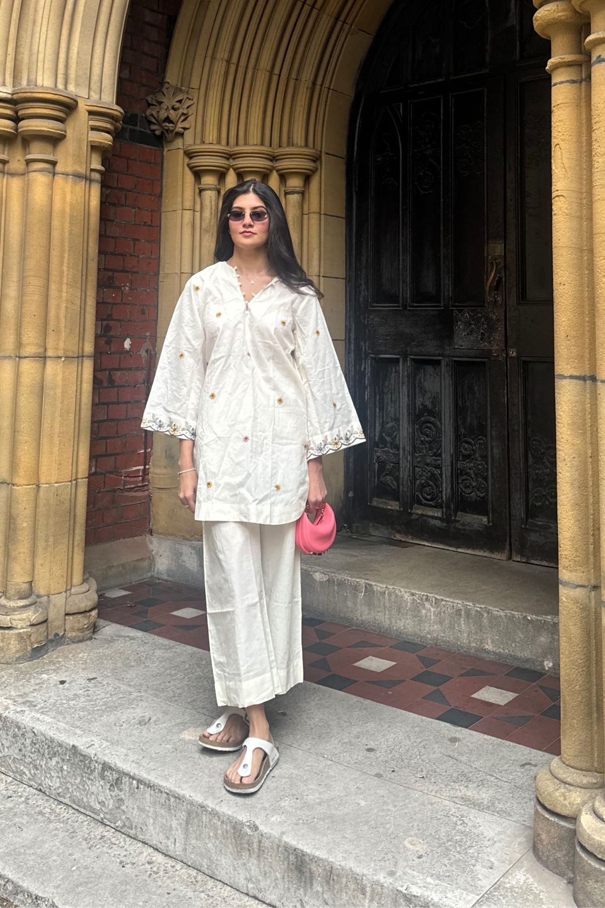 Cotton Floral Embroidered Straight Kurta With Straight Pant Set-White