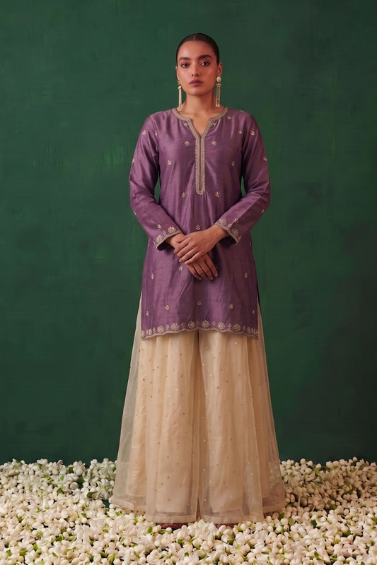 Noor Chinon Purple Kurta With Sequin Tissue Kalidar Palazzo
