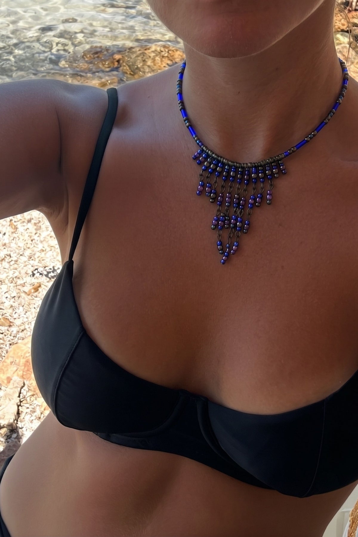 Artisan Midnight Blue Beaded Fringe Choker