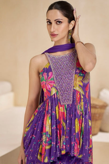 Embroidered Purple Kurta Set With Gharara