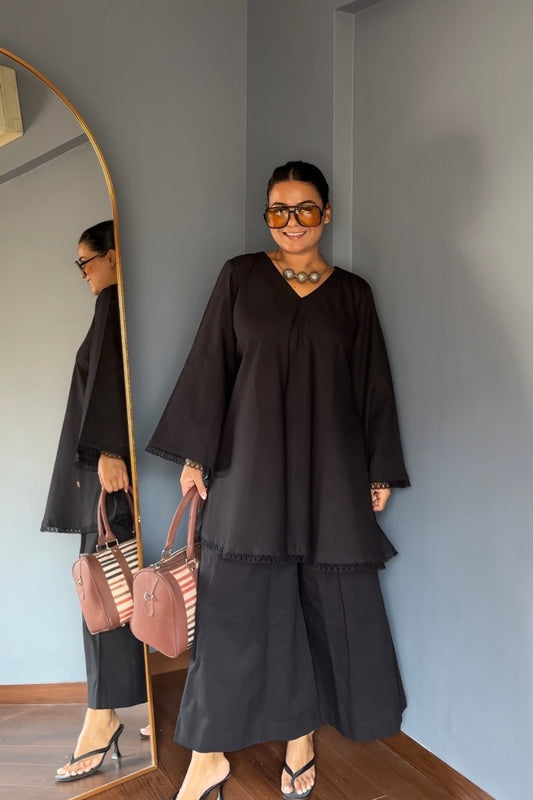 Solid Flex Cotton Short Anarkali Flared Pants Co-ord Set - Black