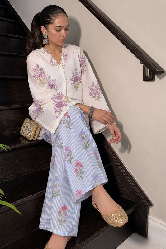 White Hand Block Printed Cotton Kurta with Floral Stripe Palazzo