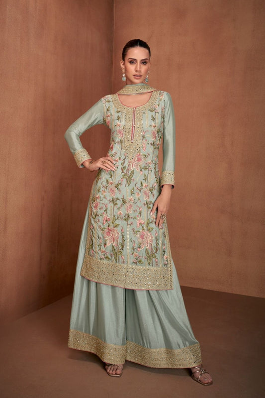 Chinon Embroidered Blue Kurta Set With Dupatta