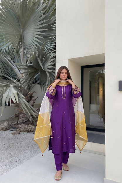 Purple Silk Zardozi Straight Kurta Set With Organza Dupatta